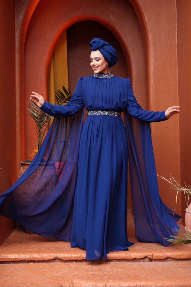 Tesettürlü Abiye Elbise - Omuzları Pelerinli Sax Mavisi Tesettür Abiye Elbise 25911SX - 1