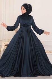 Tesettürlü Abiye Elbise - Krep Saten Lacivert Tesettür Abiye Elbise 14251L - Thumbnail