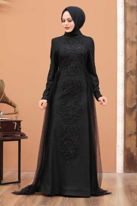 Tesettürlü Abiye Elbise - Önü Payetli Siyah Tesettür Abiye Elbise 3642S