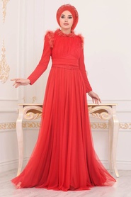 Tesettürlü Abiye Elbise - Orange Hijab Evening Dress 39890T - Thumbnail