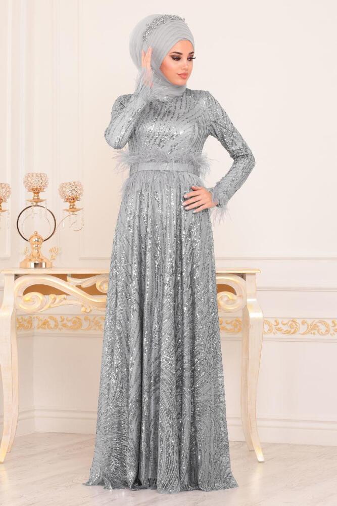 Tesettürlü Abiye Elbise - Otrişli Pul Payetli Gri Tesettürlü Abiye Elbise 21090GR - 1