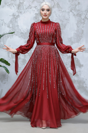 Tesettürlü Abiye Elbise - Payet Boncuk İşlemeli Bordo Tesettür Abiye Elbise 47961BR - 1