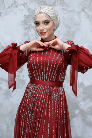 Tesettürlü Abiye Elbise - Payet Boncuk İşlemeli Bordo Tesettür Abiye Elbise 47961BR - 3