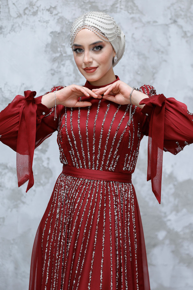 Tesettürlü Abiye Elbise - Payet Boncuk İşlemeli Bordo Tesettür Abiye Elbise 47961BR - 3