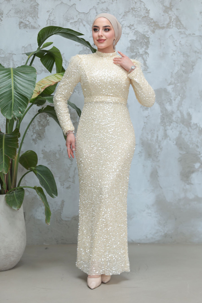 Tesettürlü Abiye Elbise - Payet Boncuk İşlemeli Ekru Tesettür Abiye Elbise 4762E - 2