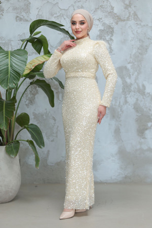 Tesettürlü Abiye Elbise - Payet Boncuk İşlemeli Ekru Tesettür Abiye Elbise 4762E - 1