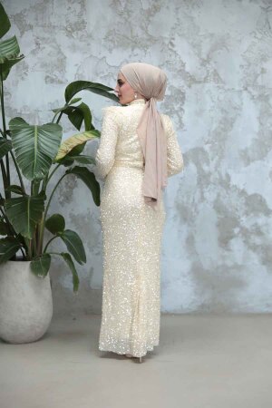Tesettürlü Abiye Elbise - Payet Boncuk İşlemeli Ekru Tesettür Abiye Elbise 4762E - 4