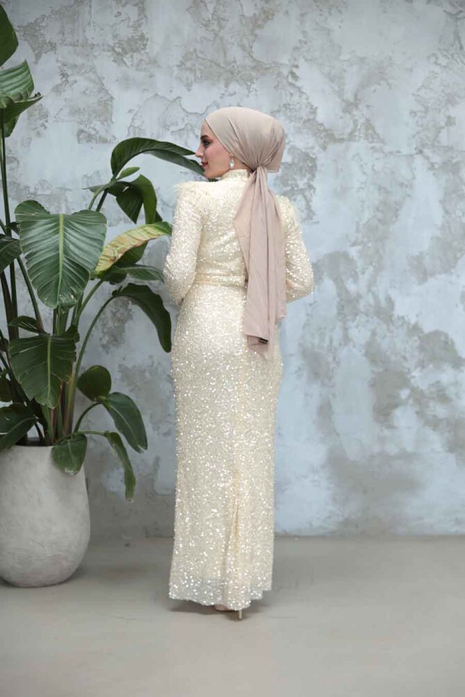 Tesettürlü Abiye Elbise - Payet Boncuk İşlemeli Ekru Tesettür Abiye Elbise 4762E - 4