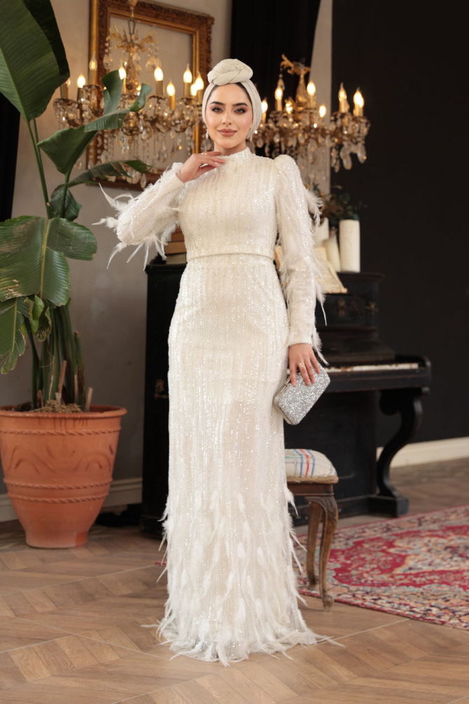 Tesettürlü Abiye Elbise - Payet Boncuk İşlemeli Ekru Tesettür Abiye Elbise 51001E - TESETTÜRLÜ ABİYE ELBİSELER