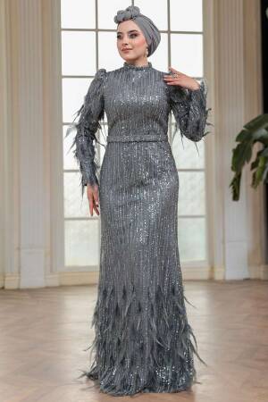 Tesettürlü Abiye Elbise - Payet Boncuk İşlemeli Füme Tesettür Abiye Elbise 51001FU - 1