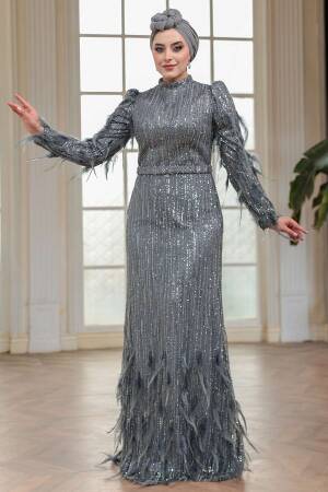 Tesettürlü Abiye Elbise - Payet Boncuk İşlemeli Füme Tesettür Abiye Elbise 51001FU - 2