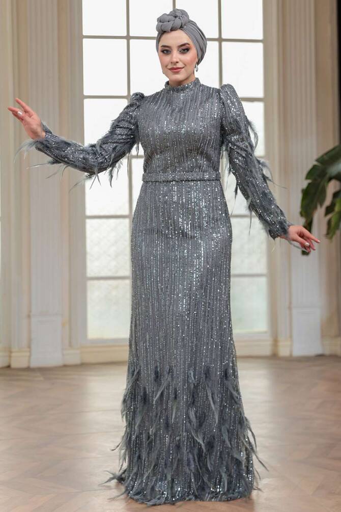 Tesettürlü Abiye Elbise - Payet Boncuk İşlemeli Füme Tesettür Abiye Elbise 51001FU - 2