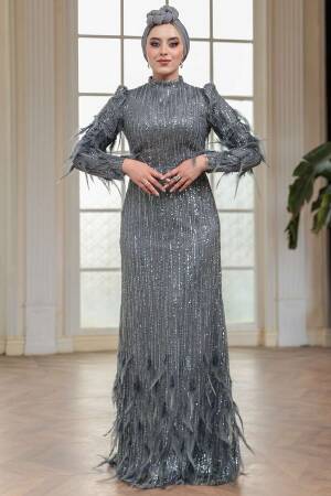 Tesettürlü Abiye Elbise - Payet Boncuk İşlemeli Füme Tesettür Abiye Elbise 51001FU - 3