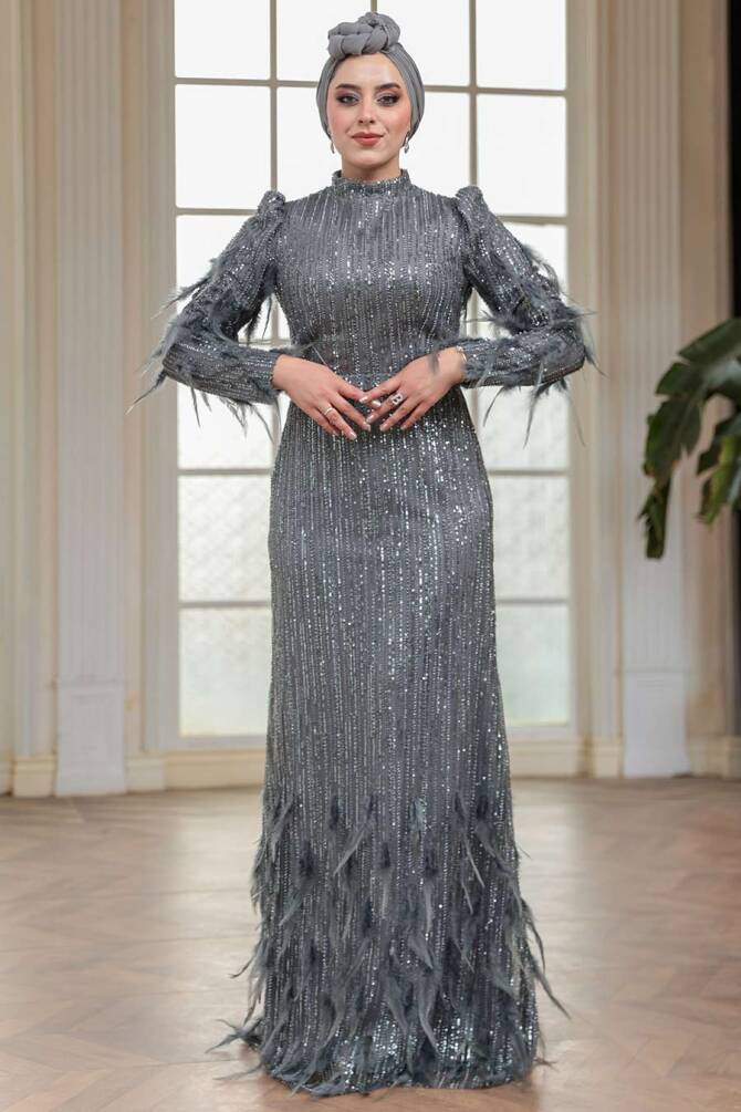 Tesettürlü Abiye Elbise - Payet Boncuk İşlemeli Füme Tesettür Abiye Elbise 51001FU - 3