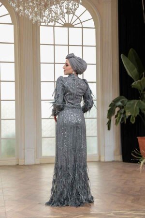 Tesettürlü Abiye Elbise - Payet Boncuk İşlemeli Füme Tesettür Abiye Elbise 51001FU - 4