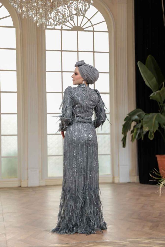 Tesettürlü Abiye Elbise - Payet Boncuk İşlemeli Füme Tesettür Abiye Elbise 51001FU - 4