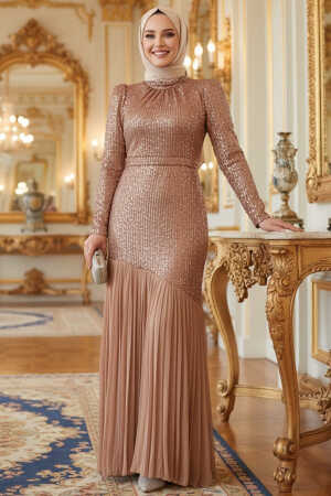 Tesettürlü Abiye Elbise - Payet Boncuk İşlemeli Taba Tesettür Abiye Elbise 52057TB - 1
