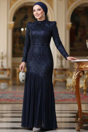 Tesettürlü Abiye Elbise - Payet Boncuk İşlemeli Lacivert Tesettür Abiye Elbise 52057L - 1