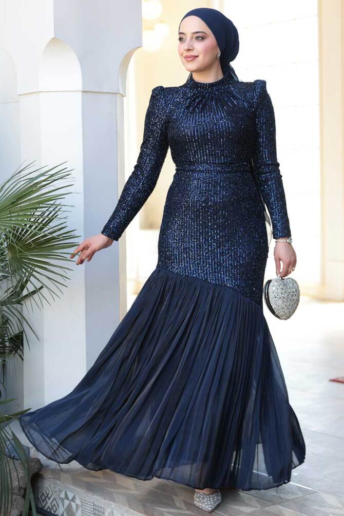 Tesettürlü Abiye Elbise - Payet Boncuk İşlemeli Lacivert Tesettür Abiye Elbise 52057L - TESETTÜRLÜ ABİYE ELBİSELER
