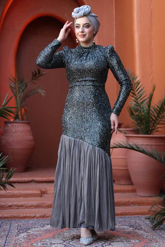 Tesettürlü Abiye Elbise - Payet Boncuk İşlemeli Füme Tesettür Abiye Elbise 52057FU - TESETTÜRLÜ ABİYE ELBİSELER