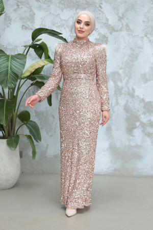 Tesettürlü Abiye Elbise - Payet Boncuk İşlemeli Gold Tesettür Abiye Elbise 4762GOLD 