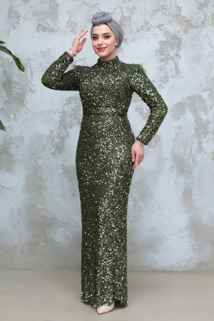 Tesettürlü Abiye Elbise - Payet Boncuk İşlemeli Haki Tesettür Abiye Elbise 4762HK 