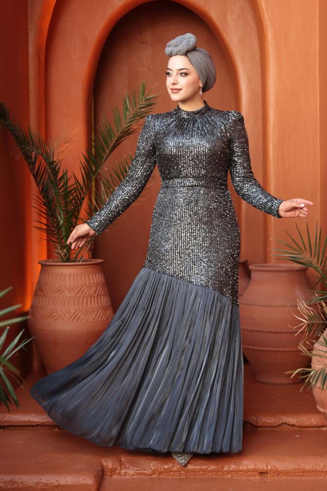 Tesettürlü Abiye Elbise - Payet Boncuk İşlemeli Koyu Lacivert Tesettür Abiye Elbise 52057KL - TESETTÜRLÜ ABİYE ELBİSELER