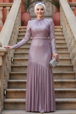 Tesettürlü Abiye Elbise - Payet Boncuk İşlemeli Pudra Tesettür Abiye Elbise 52057PD - 1