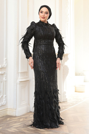 Tesettürlü Abiye Elbise - Payet Boncuk İşlemeli Siyah Tesettür Abiye Elbise 51001S 