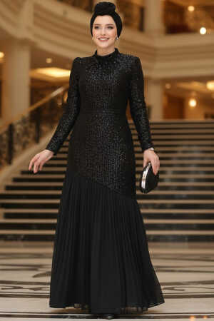 Tesettürlü Abiye Elbise - Payet Boncuk İşlemeli Siyah Tesettür Abiye Elbise 52057S - 1