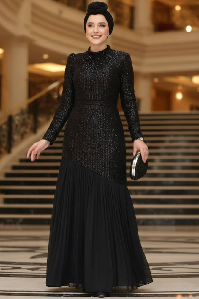 Tesettürlü Abiye Elbise - Payet Boncuk İşlemeli Siyah Tesettür Abiye Elbise 52057S - 1