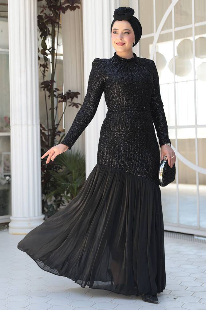 Tesettürlü Abiye Elbise - Payet Boncuk İşlemeli Siyah Tesettür Abiye Elbise 52057S - TESETTÜRLÜ ABİYE ELBİSELER