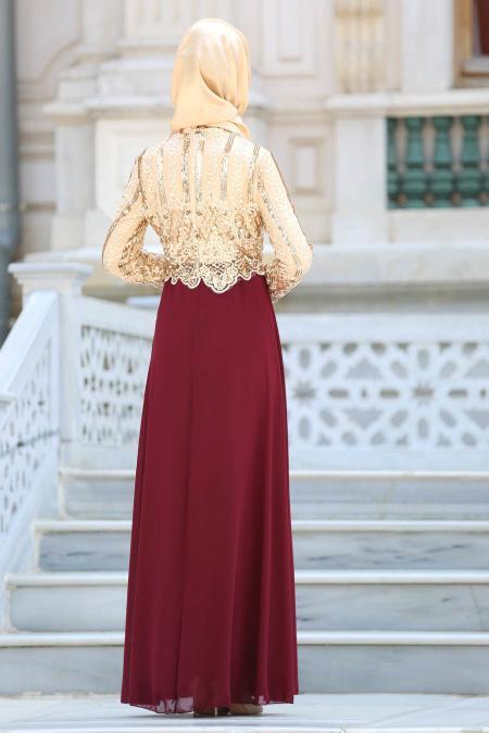 Tesettürlü Abiye Elbise - Payet Detaylı Bordo Tesettür Abiye Elbise 6379BR - 2
