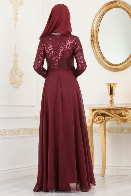Tesettürlü Abiye Elbise - Payet Detaylı Bordo Tesettürlü Abiye Elbise 81620BR - 2
