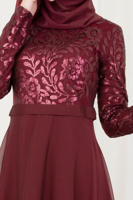 Tesettürlü Abiye Elbise - Payet Detaylı Bordo Tesettürlü Abiye Elbise 81620BR - 3