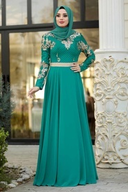 Tesettürlü Abiye Elbise - Payet Detaylı Çağla Yeşili Tesettür Abiye Elbise 75790CY - Thumbnail