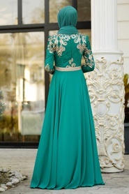 Tesettürlü Abiye Elbise - Payet Detaylı Çağla Yeşili Tesettür Abiye Elbise 75790CY - Thumbnail