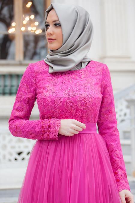 Tesettürlü Abiye Elbise - Payet Detaylı Fuşya Abiye Elbise - 3