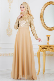 Tesettürlü Abiye Elbise - Payet Detaylı Gold Tesettürlü Abiye Elbise 81620GOLD - Thumbnail