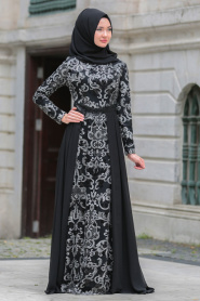 Tesettürlü Abiye Elbise - Payet Detaylı Gri Tesettür Abiye Elbise 7585GR - Thumbnail