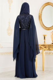 Tesettürlü Abiye Elbise - Payet Detaylı Lacivert Tesettür Abiye Elbise 3284L - Thumbnail