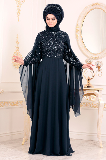 Tesettürlü Abiye Elbise - Payet Detaylı Lacivert Tesettür Abiye Elbise 3284L