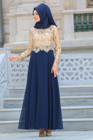 Tesettürlü Abiye Elbise - Payet Detaylı Lacivert Tesettür Abiye Elbise 6379L - Thumbnail