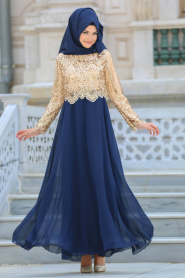 Tesettürlü Abiye Elbise - Payet Detaylı Lacivert Tesettür Abiye Elbise 6379L - Thumbnail