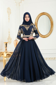 Tesettürlü Abiye Elbise - Payet Detaylı Lacivert Tesettür Abiye Elbise 75790L - Thumbnail