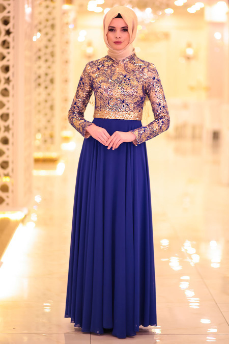 Tesettürlü Abiye Elbise - Payet Detaylı Saks Mavi Tesettür Abiye Elbise 2208SX