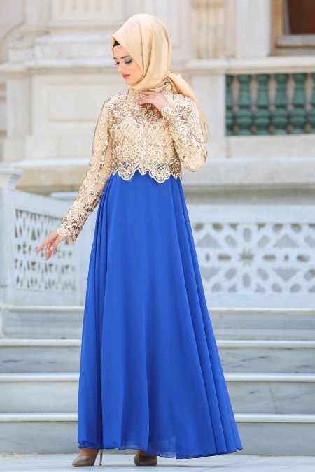 Tesettürlü Abiye Elbise - Payet Detaylı Saks Mavisi Tesettür Abiye Elbise 6379SX