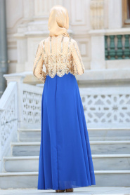 Tesettürlü Abiye Elbise - Payet Detaylı Saks Mavisi Tesettür Abiye Elbise 6379SX - Thumbnail