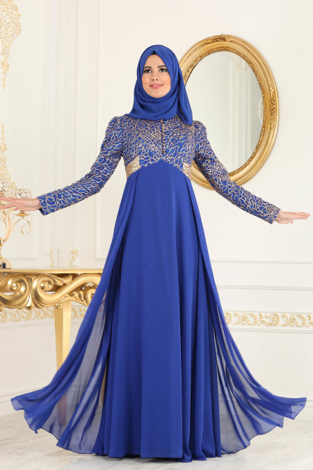 Tesettürlü Abiye Elbise - Payet Detaylı Sax Mavisi Tesettür Abiye Elbise 7506SX