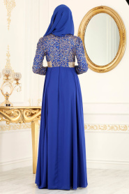 Tesettürlü Abiye Elbise - Payet Detaylı Sax Mavisi Tesettür Abiye Elbise 7506SX - Thumbnail